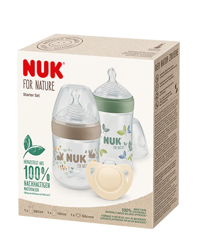 NUK Nature Sense biberon Starter Set | 0-18 mesi | 2 biberon con sistema  anti-coliche e succhietto Genius | Senza BPA | Grigio e bianco | 4 pezzi